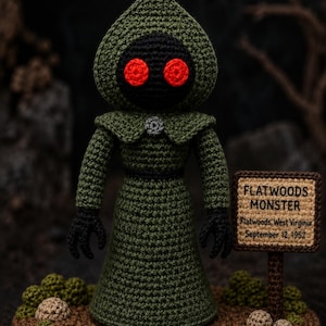 Virkmönster för Flatwoods-monster, handledning för kryptid-amigurumi, Halloween-plysch (PDF-mönster)