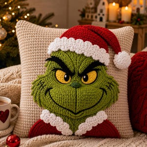 May include: A crocheted pillow featuring the Grinch wearing a Santa hat. The Grinch's face is green with yellow eyes, a stitched mouth, and a red and white Santa hat. The pillow is on a beige background with a Christmas tree in the background.