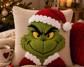 Patrón de cojín de ganchillo del Grinch en PDF, funda de cojín navideña, decoración festiva (descarga digital)