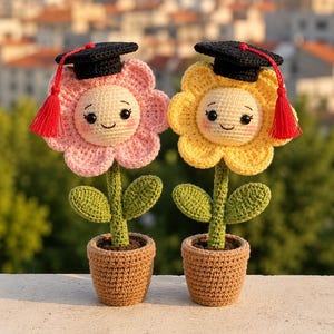 Könnte beinhalten: Zwei gehäkelte Blumen in hellbraunen Töpfen, eine rosa und eine gelb, jeweils mit einem lächelnden Gesicht, grünen Stielen mit Blättern und einer schwarzen Doktorhut-Kopfbedeckung mit roter Quaste. Die Blumen sind aus Garn gefertigt und haben schwarze Augen.