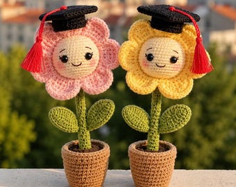 Patrón de ganchillo para flores de graduación, muñecos amigurumi de graduados, regalo en maceta (patrón en PDF)