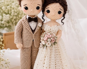 Schema PDF per realizzare una coppia di sposi all'uncinetto in stile amigurumi, bambole degli sposi, tutorial per un ricordo fatto a mano