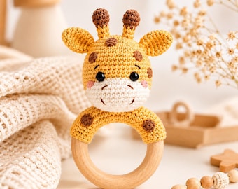 Patrón de sonajero de jirafa a crochet en PDF, patrón de juguete amigurumi para bebé, tutorial de mordedor a crochet, lindo regalo de safari para la habitación del bebé, sonajero DIY para bebé