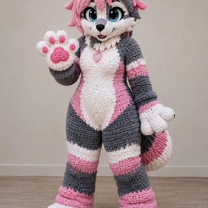 Puede incluir: Un disfraz de ganchillo de cuerpo completo de un personaje animal antropomórfico con hilo gris, blanco y rosa. El traje incluye una cabeza con pelo rosa, grandes ojos azules, un colgante de corazón y manos y pies en forma de pata con almohadillas rosas.
