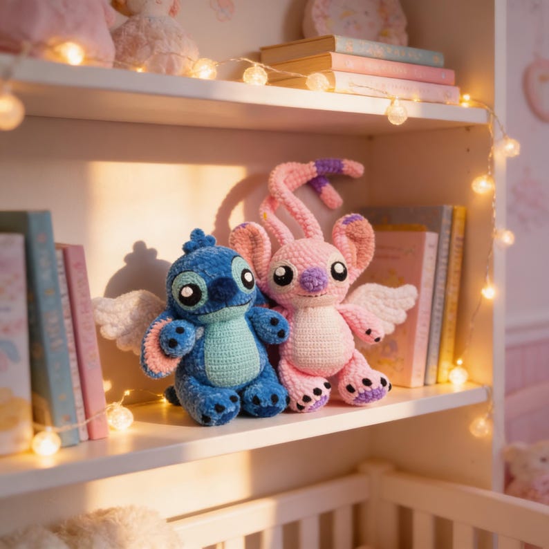 May include: Two plush toys, a blue creature with wings and a pink creature with long antennae, sit on a white shelf. The blue toy has large black eyes and a light blue belly. The pink toy has black spots on its feet and wings.