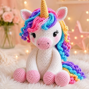 Könnte beinhalten: Ein handgefertigtes Häkel-Einhorn mit weißem Körper, rosa Hufen und einer bunten Mähne und Schweif. Das Einhorn hat ein gelbes Horn, schwarze Augen und rosa Wangen. Es sitzt auf einer flauschigen weißen Oberfläche.