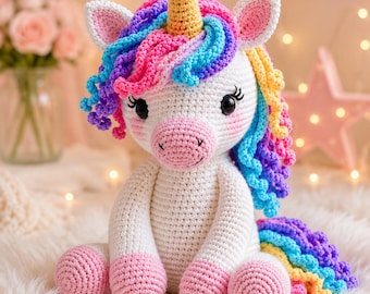 Patrón de amigurumi de unicornio arcoíris a crochet / Tutorial de juguete de peluche kawaii (descarga en PDF)