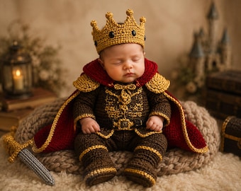 Crochet Royal King Baby Outfit Pattern PDF, Newborn Prince Costume, Crown Cape Boots