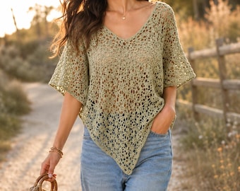 Patrón de ganchillo PDF para top tipo poncho de encaje color salvia / Top de verano de malla estilo boho / Patrón de ganchillo para manga murciélago / Patrón para cubrirse en festivales