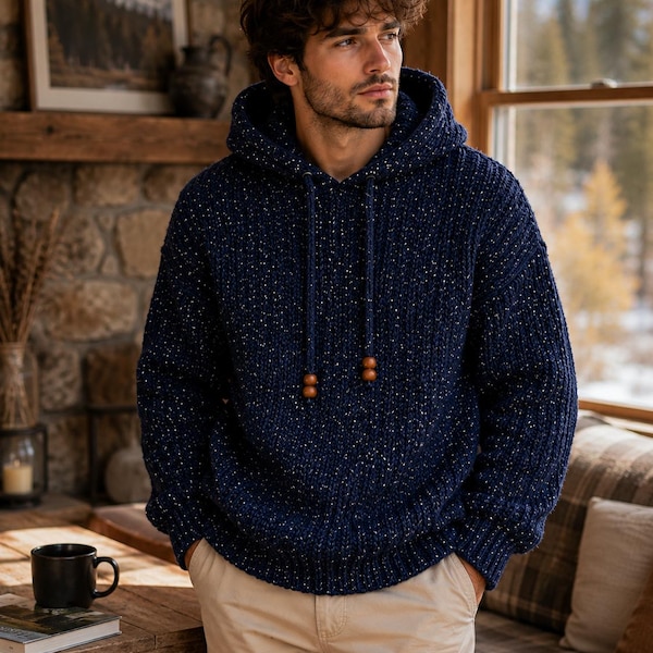 Men's Alpine Stitch Crochet Hoodie Pattern, Chunky Sweater PDF, Textured Hood Design (Digital Download)