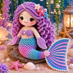 May include: A handmade crochet mermaid doll with purple hair, a pink starfish hair accessory, and a colourful tail. The doll has a cream-coloured face, a purple top, and a blue, pink, and purple tail. The doll is sitting on a rock.