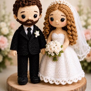 以下が含まれることがあります： 結婚式のカップルを表現した2体のあみぐるみ人形。左側のフィギュアは茶色の巻き毛と髭があり、白い花のブートニアが付いた黒いスーツを着ています。右側のフィギュアは長いウェーブのかかった茶色の髪で、パールのヘッドバンド、白いベール、白いドレスを身にまとい、白いバラのブーケを持っています。