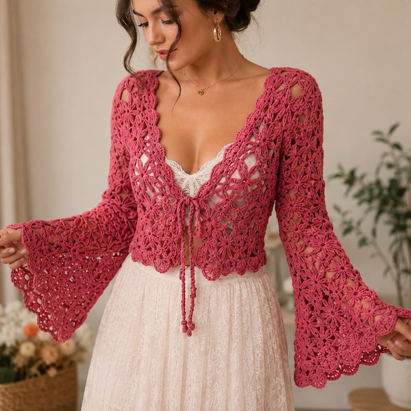 Crochet Bell Sleeve Shrug Pattern, Flower Lace Bolero, Beginner Friendly PDF (Digital Download)