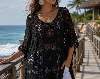 Black Boho Crochet Lace Tunic Pattern – Flower Motifs, Bell Sleeves (Digital Download)
