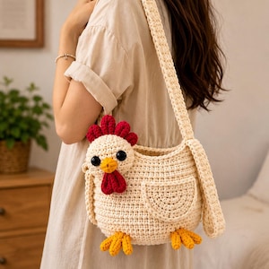 Peut inclure: Sac en crochet crème en forme de poulet, avec une crête et un fanon rouges, des yeux noirs et des pattes jaunes. Le sac a une bandoulière assortie et une poche sur le côté.
