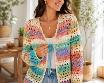 Patrón de cárdigan de ganchillo arcoíris de verano en PDF, tutorial de cárdigan de encaje de malla boho, patrón de suéter ligero estilo abuela XS-5XL