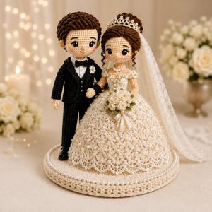 Puede incluir: Adorno de pastel de boda tejido a ganchillo que representa a una pareja de novios. El novio lleva un esmoquin negro con pajarita, la novia un vestido blanco y velo. La base redonda está adornada con perlas.