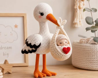Modèle au crochet pour bébé cigogne, décoration de chambre d'enfant Amigurumi, cadeau de baby shower (téléchargement PDF)