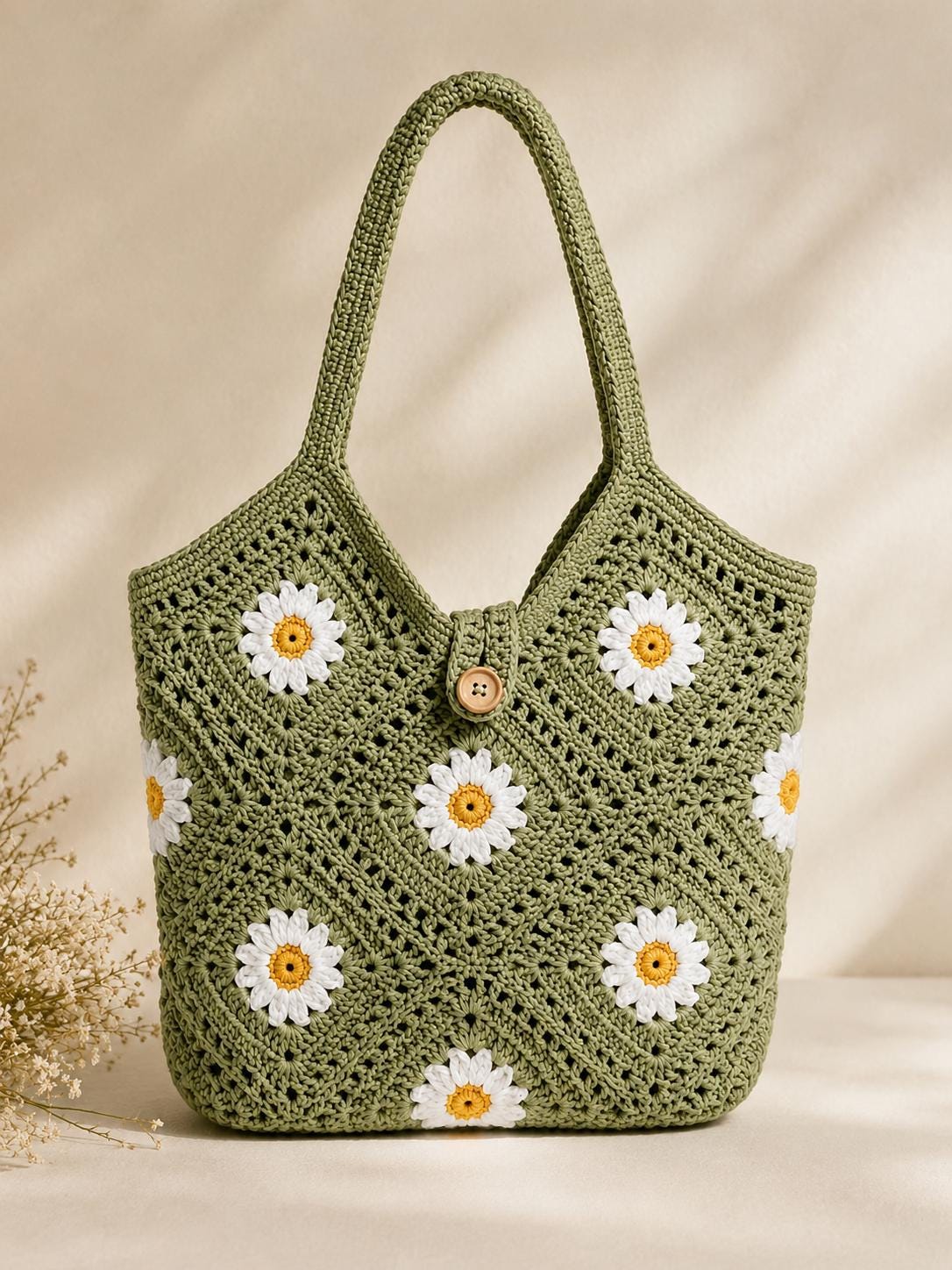 39 Crochet Green Patterns: Frogs, Avocados, Doilies, and Keychains 16 Sage Green Daisy Crochet Tote Bag