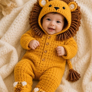 May include: A smiling baby wearing a handmade crochet lion costume. The mustard yellow outfit includes a hood with a lion's mane, ears, and a face, plus a tail. The feet have white paw details. The baby is lying on a cream-colored blanket.
