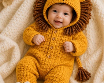 Patrón de pelele de bebé de león a crochet, disfraz de mono con capucha, accesorio para fotografía de recién nacidos (descarga en PDF)
