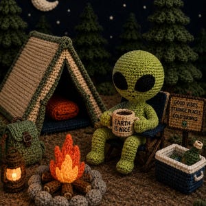 May include: A crocheted scene featuring a green alien enjoying a camping trip. The alien sits in a chair, holding a mug that says "Earth is Nice." A campfire, tent, backpack, and cooler are also present. The background includes trees, a moon, and stars.