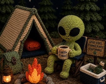 Patrón de ganchillo para acampar con temática alienígena / Peluche amigurumi para fogata (Descarga en PDF)