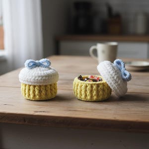 Könnte beinhalten: Zwei handgefertigte Häkelbehälter in Cupcake-Form. Einer ist geschlossen, der andere offen und zeigt den Inhalt. Beide haben gelbe Böden, weiße Oberteile und hellblaue Schleifenakzente. Die Behälter stehen auf einem Holztisch.