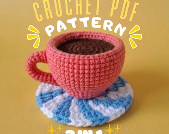 Modèle d'ensemble de tasses et dessous de verre au crochet PDF | Mug Amigurumi, décoration de cuisine (téléchargement numérique)