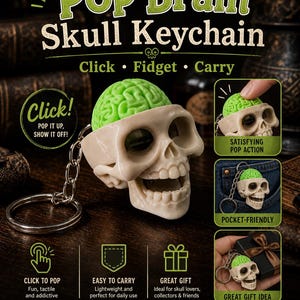 Pop Brain Skull Keychain - 3D Printed Fidget Toy, Anatomical Novelty Charm