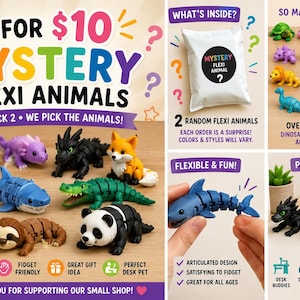 Op de afbeelding: Een promotieafbeelding voor "Mystery Flexi Animals". De afbeelding toont diverse kleurrijke, beweegbare dierenfiguren, waaronder een schildpad, draak en panda. Tekst op de afbeelding promoot het product als "Adorable Flexible Fun!" en "Fidget Friendly!"