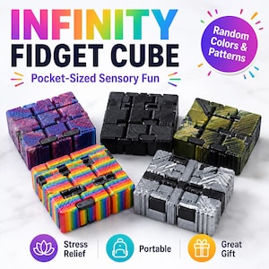 Può includere: Sono mostrati cinque cubi Infinity Fidget di vari colori e motivi. I cubi sono tascabili e progettati per il divertimento sensoriale. L'immagine include il testo "Infinity Fidget Cube Pocket-Sized Sensory Fun". Il testo aggiuntivo include "Random Colors & Patterns", "Stress Relief", "Portable" e "Great Gift".