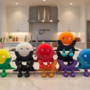 May include: A collection of colorful sponge holders in various colors, including green, yellow, red, blue, and orange. Each holder has a smiling face design and is supported by legs, creating a playful and functional kitchen accessory.