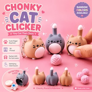 Può includere: Una collezione di giocattoli fidget "Chonky Cat Clicker" in vari colori. I giocattoli a forma di gatto hanno un pulsante che fa clic e sono stampati in 3D. Il testo sull'immagine dice "Tiny Cat That Clicks".
