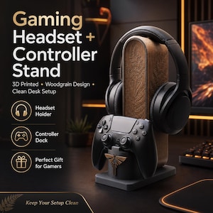 May include: A 3D-printed gaming headset and controller stand with a woodgrain design. The stand holds a black headset and controller, promoting a clean desk setup. The text on the stand says "Gaming Headset + Controller Stand".