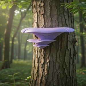Puede incluir: Primer plano de un tronco de árbol con dos objetos en forma de hongo de color lavanda adheridos. Los hongos tienen una apariencia en capas, en forma de abanico. El fondo es una escena de bosque borrosa con la luz del sol filtrándose entre los árboles.