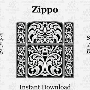Puede incluir: Diseño digital en blanco y negro con la palabra "Zippo" en la parte superior. El diseño incluye un cuadrado central con un patrón floral adornado, rodeado de elementos florales rectangulares y verticales. El texto incluye "Descarga instantánea."