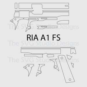 May include: Line drawing of a disassembled RIA A1 FS firearm, with various components arranged to show the parts. The text "RIA A1 FS" is centered. The background is a light gray.