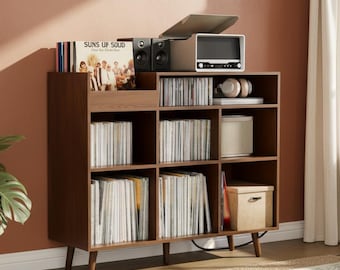 Wooden Record Player Stand with Storage, Mid-Century Modern Turntable Cabinet