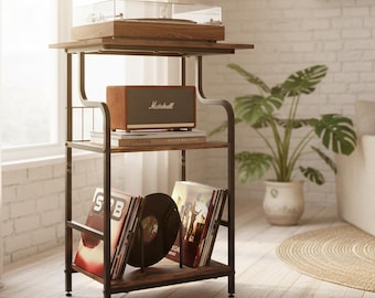 Record Player Stand with Vinyl Storage, 3 Tier Side Table, Industrial Nightstand, Turntable Stand, Bedside Table, Small Space Furniture