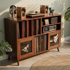 May include: A wooden record player cabinet with a turntable, speakers, and a headphone stand. The cabinet has multiple compartments for vinyl records. A digital clock and framed photos are also visible. The cabinet is set on a woven rug with plants in the background.