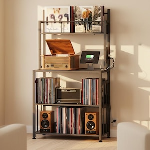 Record Player Stand with Vinyl Storage, Holds 300 Albums, Large Turntable Table, Tiered Vinyl Record Stand