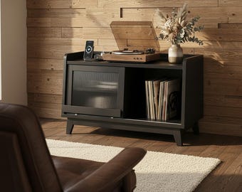 Record Player Stand with Vinyl Storage 300 Albums, Turntable Stand with Sliding Doors, Charging Station, Black Record Cabinet