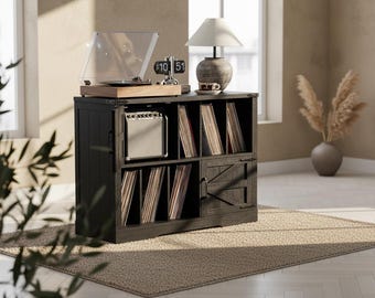 Farmhouse Record Player Stand with Vinyl Storage, Wooden Turntable Stand, Rustic LP Organizer Shelf, CD DVD Rack End Table
