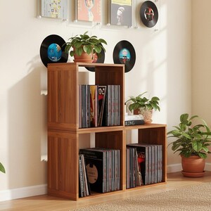 vinyl record storage compatible wooden shelf unit