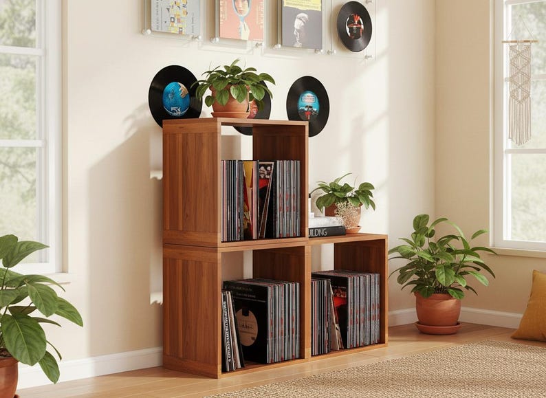 vinyl record storage compatible wooden shelf unit