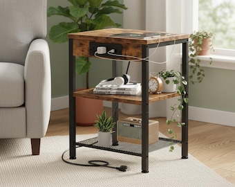 Charging Nightstand with Outlets USB Ports, 3 Tier Adjustable End Table, Small Space Side Table, Record Player Stand
