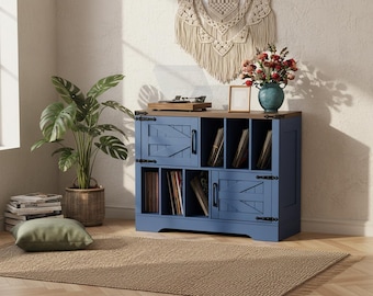 Farmhouse Record Player Stand with Vinyl Storage Cabinet, 39 Inch Turntable Stand, Rustic Record Organizer, Large Vinyl Record Storage