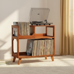 Record Player Stand with Vinyl Storage, Mid Century Modern Media Console, Holds 215 Records, Turntable Stand Cabinet, Walnut Finish