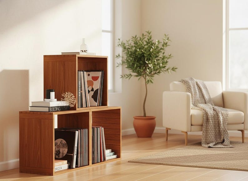 natural wood grain storage organizer cube system